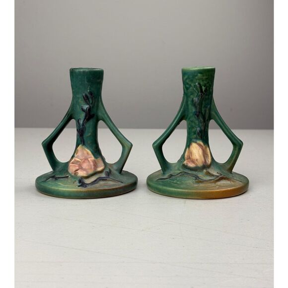 Antique Roseville Art Pottery 1157 Magnolia Pattern Candle Stick Holder Pair EW2 - Picture 1 of 8